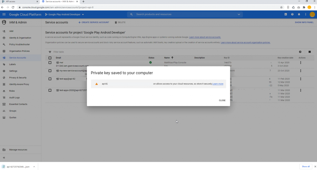 Google Cloud Download JSON Key