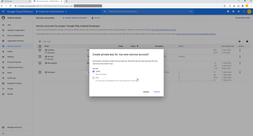Google Cloud Key Type Selection