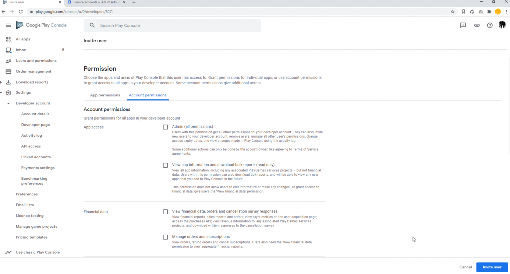 Google Play Console Account Permissions